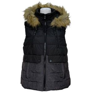 Calvin Klein Performance Puffer Vest Women Faux Fur Hood Black Gray Quilted Zip
